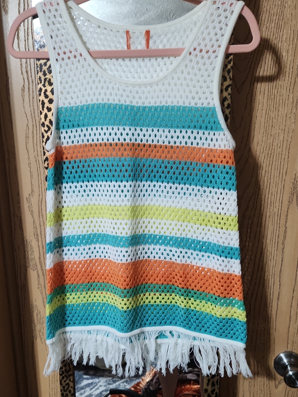 Women’s White Crochet Tank with Teal, Orange & Lime Stripes